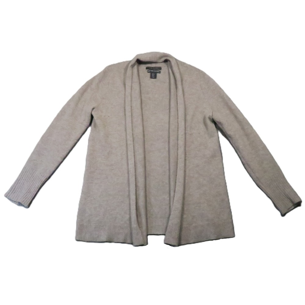 Tahari Pure Luxe Cashmere Cardigan M Beige Open‎ Front Shawl Minimalist Luxury